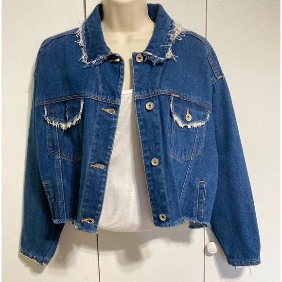 ON FIRE Street Wear Distressed Frayed Blue Denim Button Down Jacket Womens Large - Picture 4 of 13